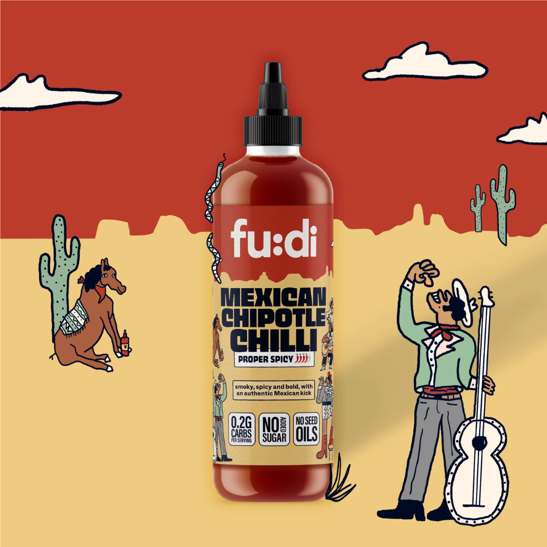 Bottle of fu:di Mexican Chipotle Chilli sauce centered on a playful illustrated desert background with cacti, clouds, a horse, and a mariachi musician.